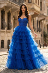 Spaghetti Straps Sweetheart Layered Tulle Formal Prom Dress with Slit - KissProm