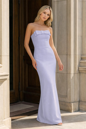 KissProm-Lavender Strapless Sheath Satin Long Formal Prom Dresses With Bow