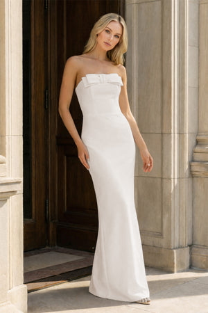 KissProm-Lvory Strapless Sheath Satin Long Formal Prom Dresses With Bow