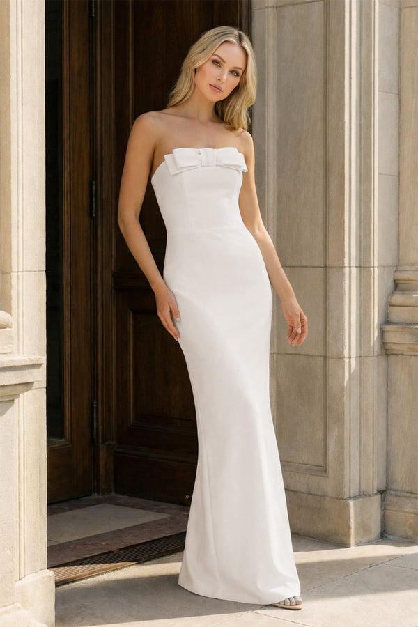 KissProm-Lvory Strapless Sheath Satin Long Formal Prom Dresses With Bow