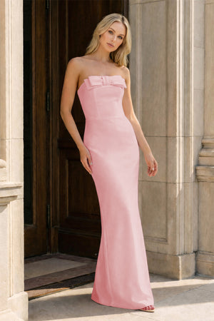 KissProm-Pink Strapless Sheath Satin Long Formal Prom Dresses With Bow