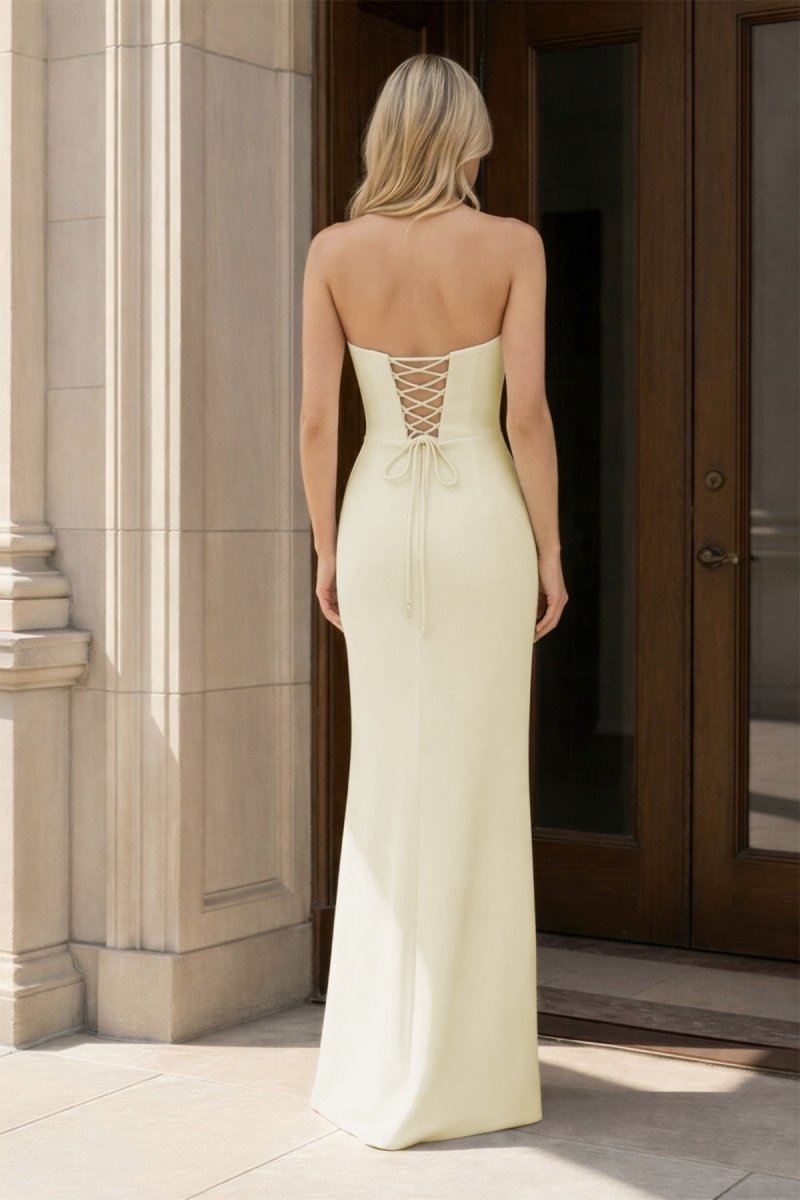 KissProm Yellow Strapless Sheath Satin Long Formal Prom Dresses With Bow, Yellow / 4