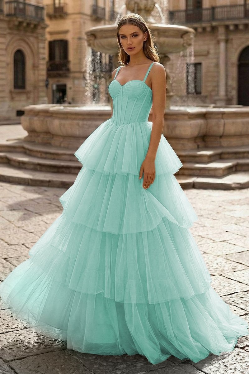Hot Pink Ball Gown Tiered Tulle Long Prom Dress