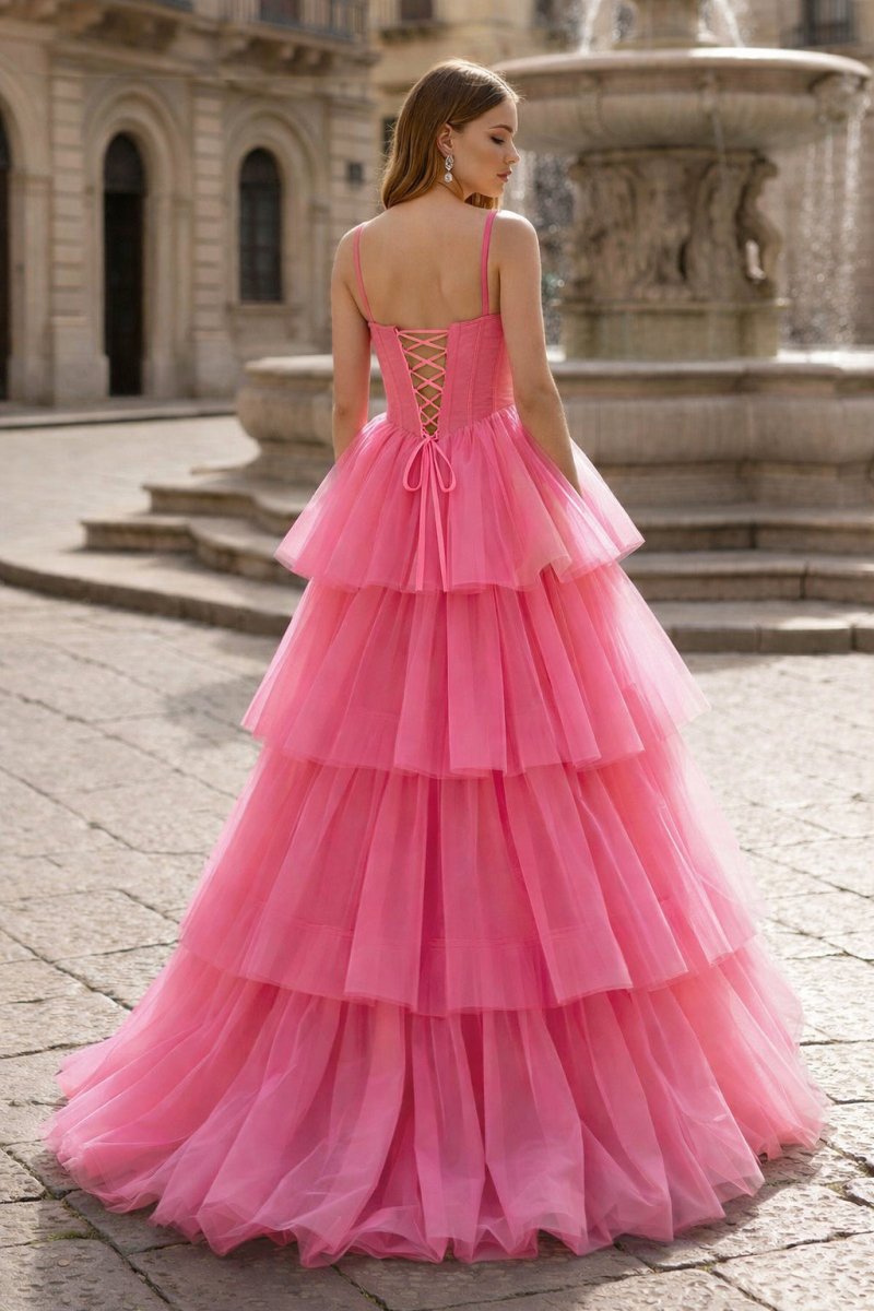 knee length dresses for ladies Hot Pink High Low Prom Dresses, High Low Hot Pink Formal Evening Dresses main image 0