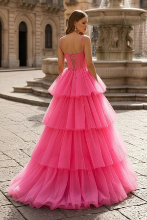 Hot Pink Ball Gown Tiered Tulle Long Prom Dress - KissProm