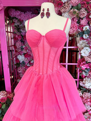 Lula | Hot Pink Ball Gown Tiered Tulle Long Prom Dress - KissProm