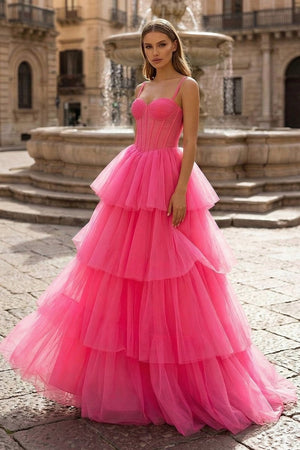 Hot Pink Ball Gown Tiered Tulle Long Prom Dress - KissProm