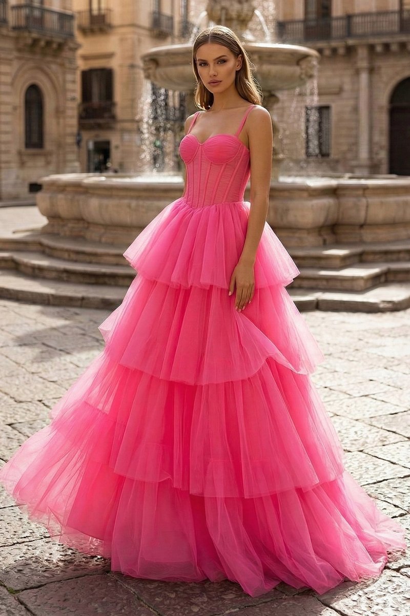 KissProm Hot Pink Ball Gown Tiered Tulle Long Prom Dress, Red / 4