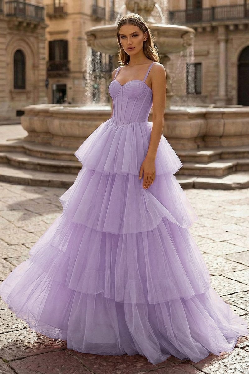KissProm Hot Pink Ball Gown Tiered Tulle Long Prom Dress, Lavender / 14