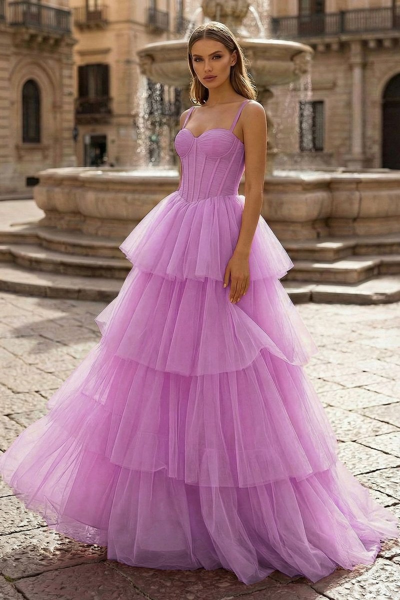 KissProm Hot Pink Ball Gown Tiered Tulle Long Prom Dress, Lavender / 14