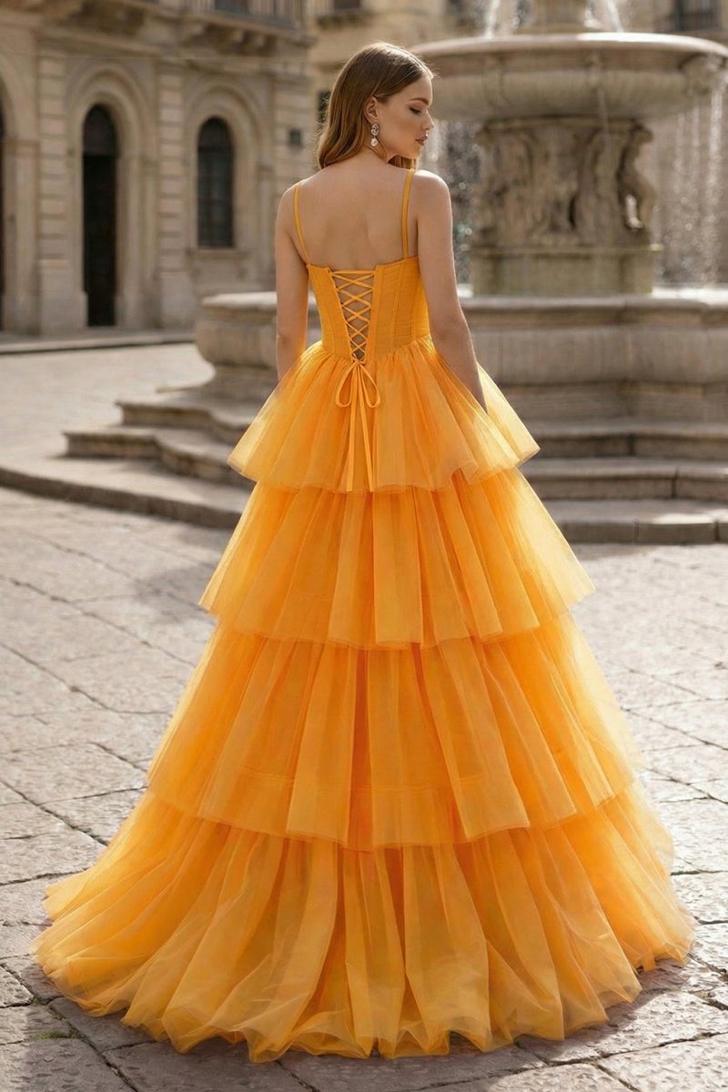 Hot Pink Ball Gown Tiered Tulle Long Prom Dress