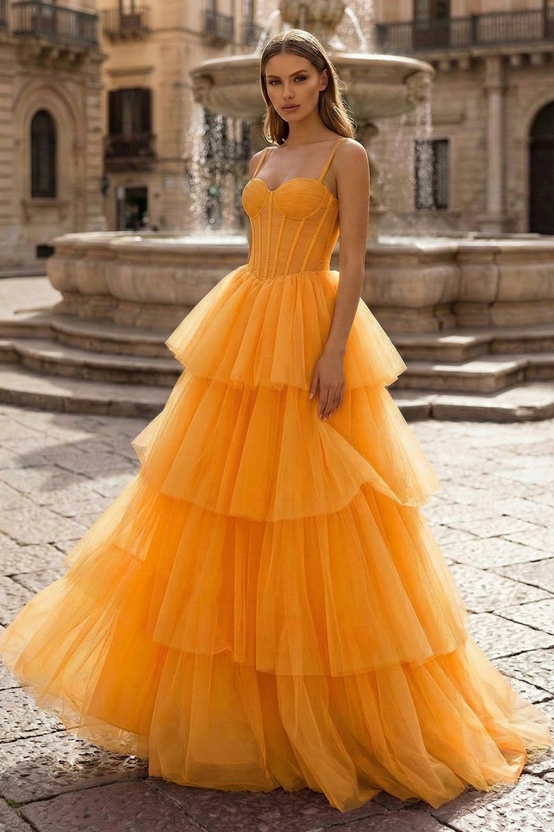 KissProm Hot Pink Ball Gown Tiered Tulle Long Prom Dress, Orange / 18