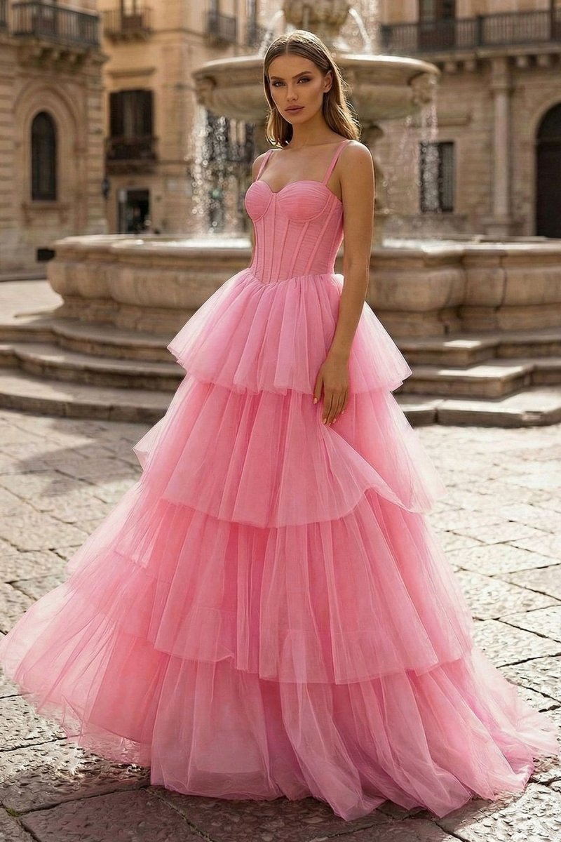 KissProm Hot Pink Ball Gown Tiered Tulle Long Prom Dress, Pink / 14