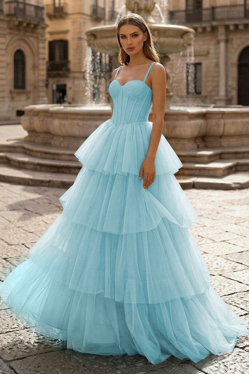 Hot Pink Ball Gown Tiered Tulle Long Prom Dress