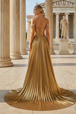 Off the Shoulder Gold A - Line Metallic Pleated Long Formal Gown - KissProm