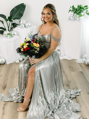Lulu | Off the Shoulder Silver A-Line Metallic Pleated Long Formal Gown -KissProm