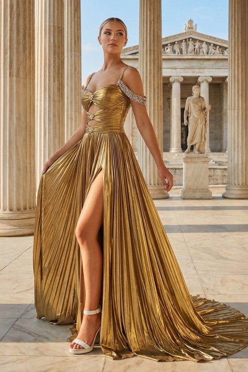 Off the Shoulder Gold A - Line Metallic Pleated Long Formal Gown - KissProm