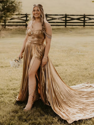 Lulu | Off the Shoulder Gold A-Line Metallic Pleated Long Formal Gown -KissProm