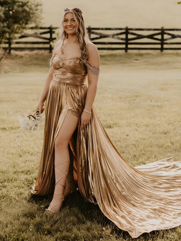 Lulu | Off the Shoulder Gold A-Line Metallic Pleated Long Formal Gown -KissProm