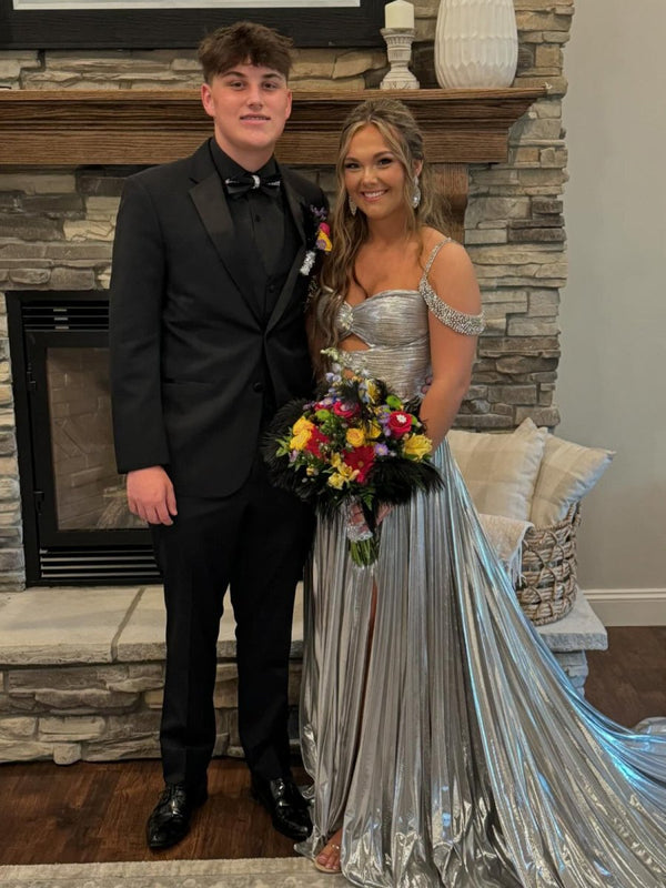 Lulu | Off the Shoulder Silver A-Line Metallic Pleated Long Formal Gown -KissProm