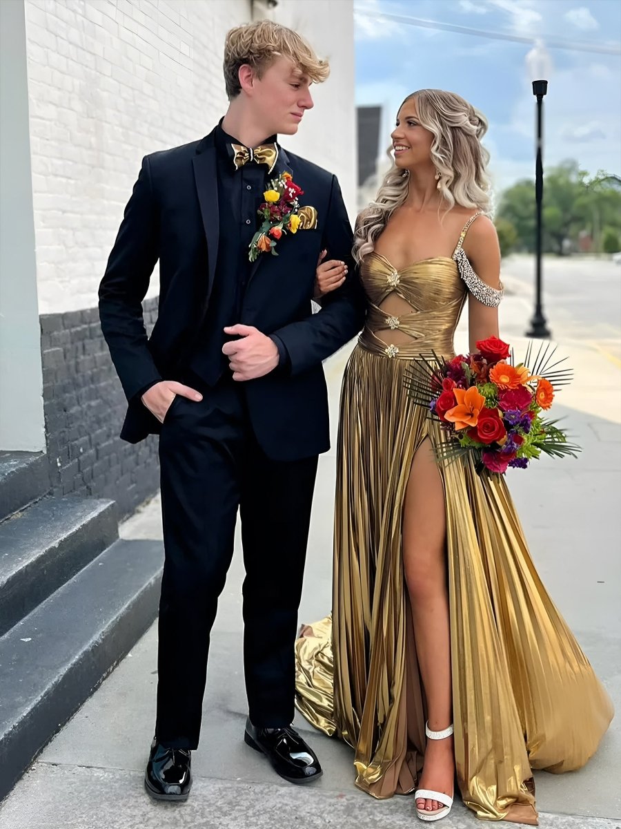 Off the Shoulder Gold A-Line Metallic Pleated Long Formal Gown Gold / 14 Off the Shoulder Gold A-Line Metallic Pleated Long Formal Gown Gold / 14
