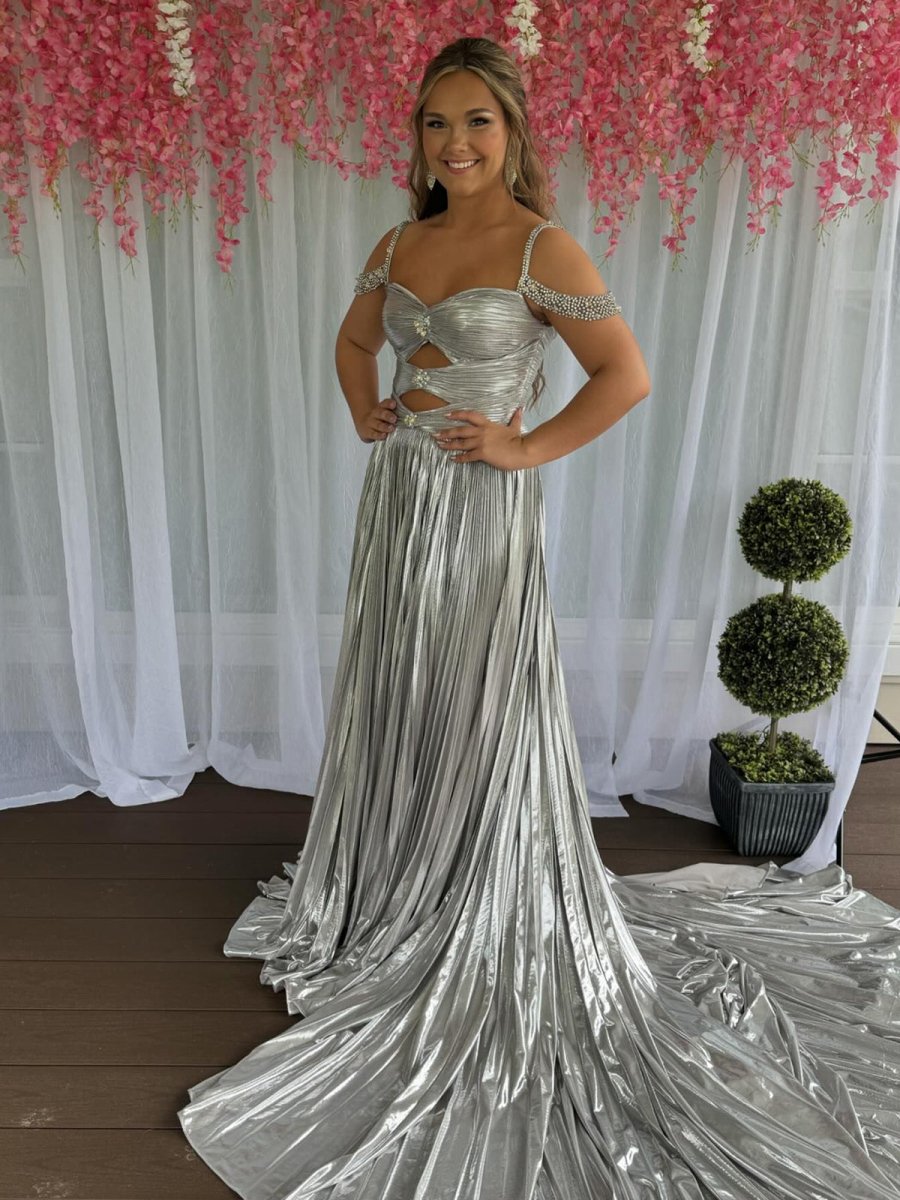 Lulu Off the Shoulder Gold A-Line Metallic Pleated Long Formal