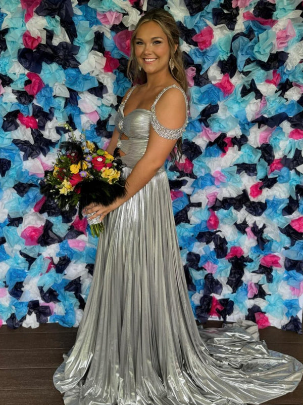 Lulu | Off the Shoulder Silver A-Line Metallic Pleated Long Formal Gown -KissProm