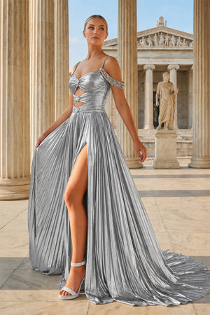 Off the Shoulder Gold A-Line Metallic Pleated Long Formal Gown, Silver / 10 Off the Shoulder Gold A-Line Metallic Pleated Long Formal Gown, Silver / 10