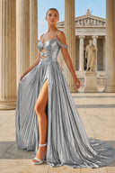 Off the Shoulder Silver A-Line Metallic Pleated Long Formal Gown - KissProm