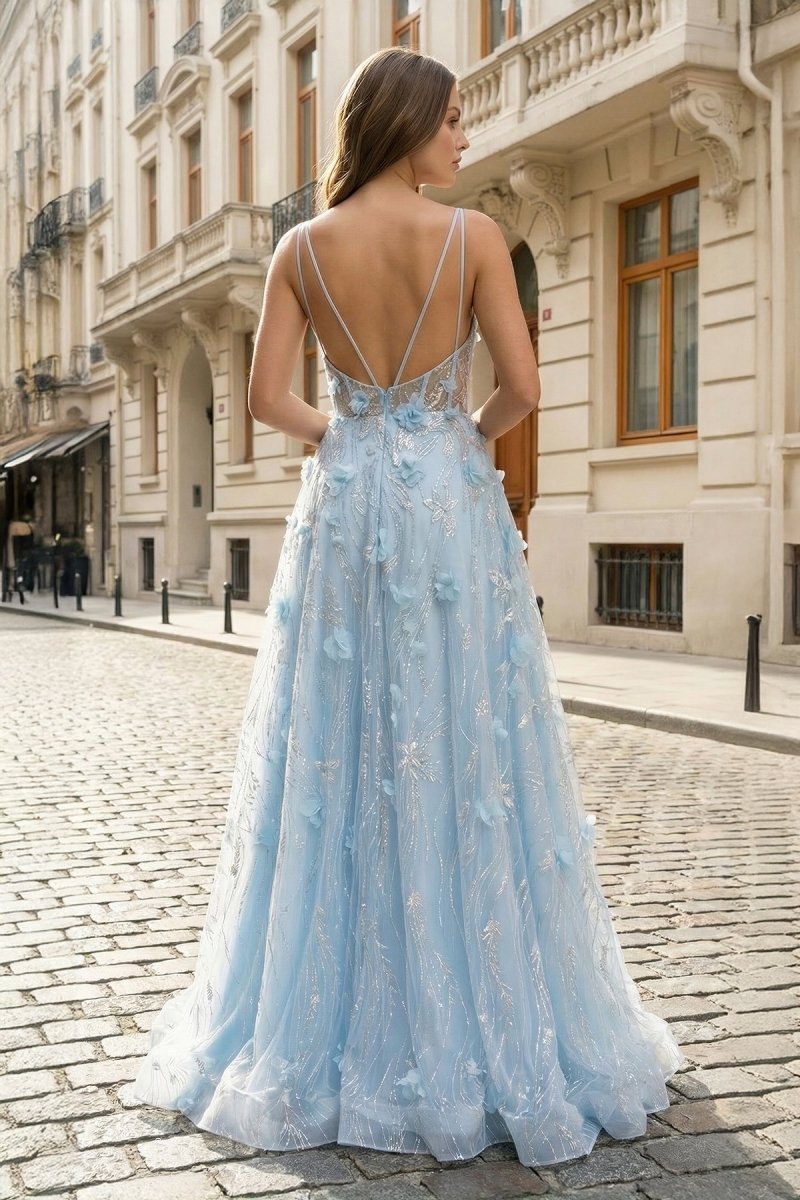 KissProm Light Blue 3D Flower Lace Spaghetti Straps A-Line Long Prom Dress, Sky Blue / 8