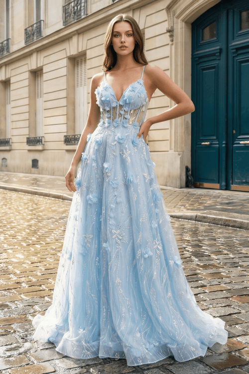 Light Blue 3D Flower Lace V - Neck A - Line Long Prom Dress - KissProm