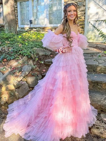 A Line Sweetheart Tiered Tulle Long Prom Dress With Slit