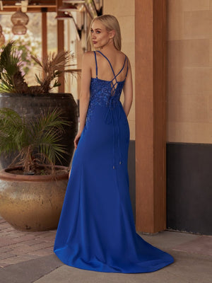 Lunarise | Mermaid V Neck Royal Blue Satin Long Prom Dresses with Beading