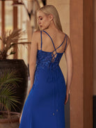 Lunarise | Mermaid V Neck Royal Blue Satin Long Prom Dresses with Beading