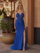 Lunarise | Mermaid V Neck Royal Blue Satin Long Prom Dresses with Beading