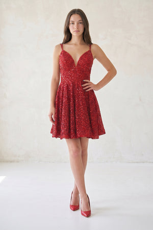 Lunessa | Red - A Line V Neck Sequined Short Homecoming Dresses