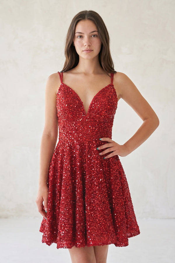 Lunessa | Red - A Line V Neck Sequined Short Homecoming Dresses
