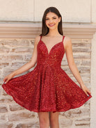 Lunessa | Red - A Line V Neck Sequined Short Homecoming Dresses