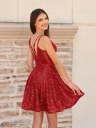 Lunessa | Red - A Line V Neck Sequined Short Homecoming Dresses