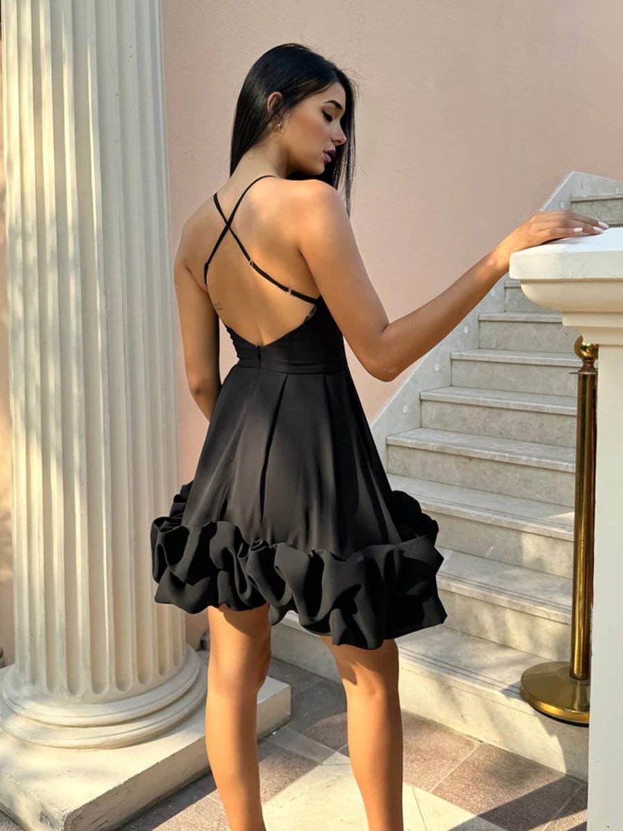 Luneth | Black - A Line Satin Scoop Neck Ruffles Short Homecoming Dresses