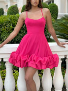 Luneth | Fuchsia - A Line Satin Scoop Neck Ruffles Short Homecoming Dresses