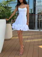Luneth | White - A Line Satin Scoop Neck Ruffles Short Homecoming Dresses