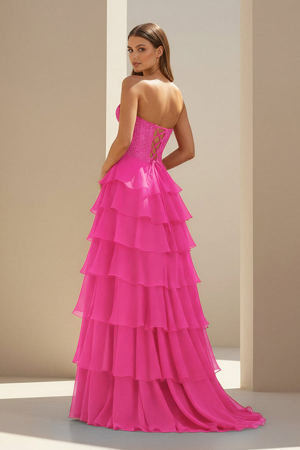 KissProm- Hot Pink Strapless Chiffon Ruffled A Line Formal Prom Dresses With Lace Appliques