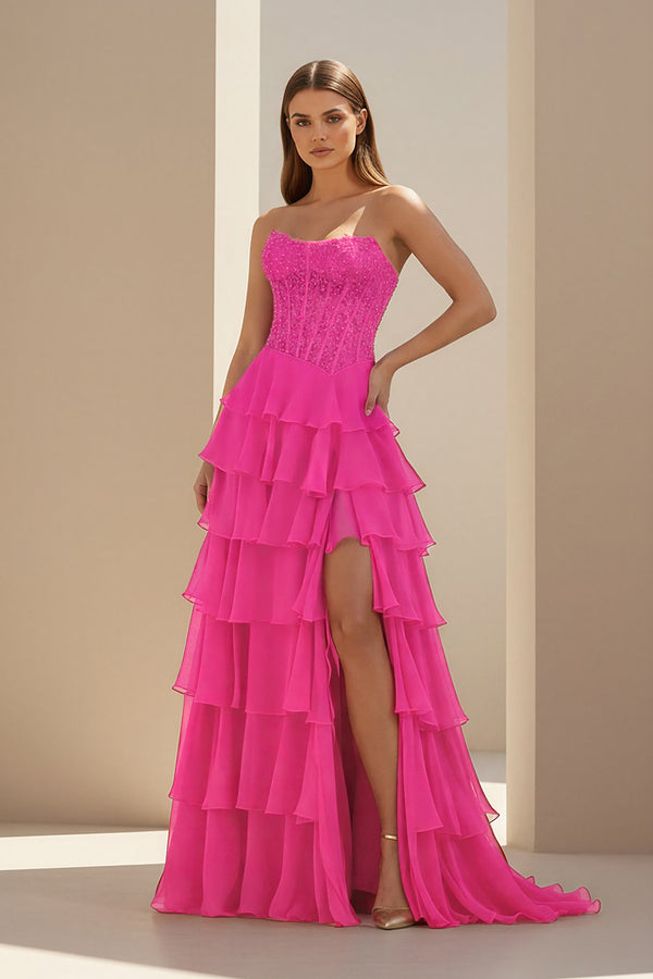 KissProm- Hot Pink Strapless Chiffon Ruffled A Line Formal Prom Dresses With Lace Appliques