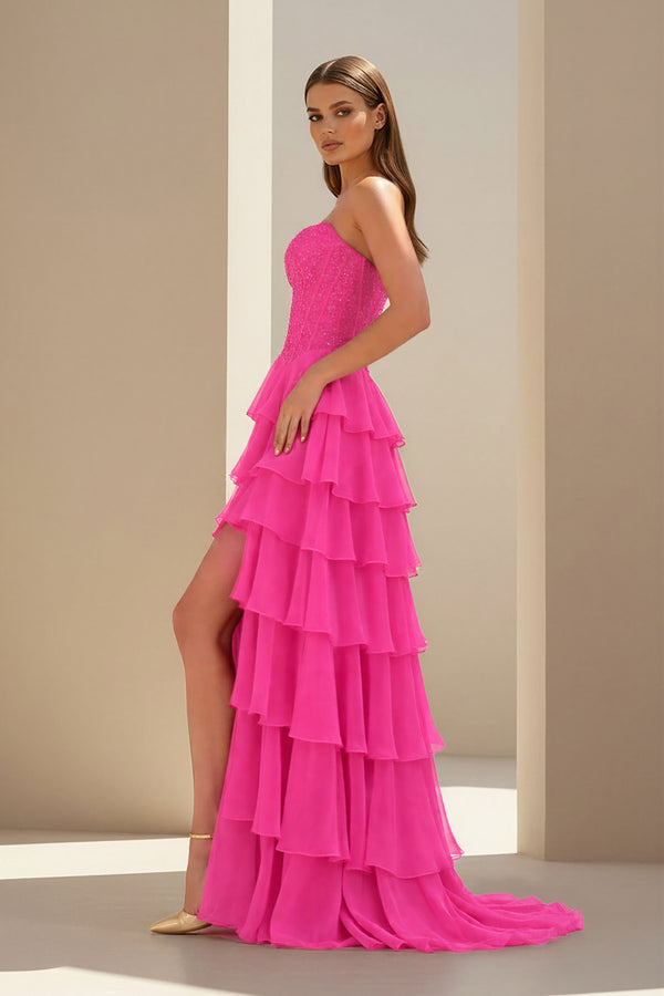 KissProm- Hot Pink Strapless Chiffon Ruffled A Line Formal Prom Dresses With Lace Appliques