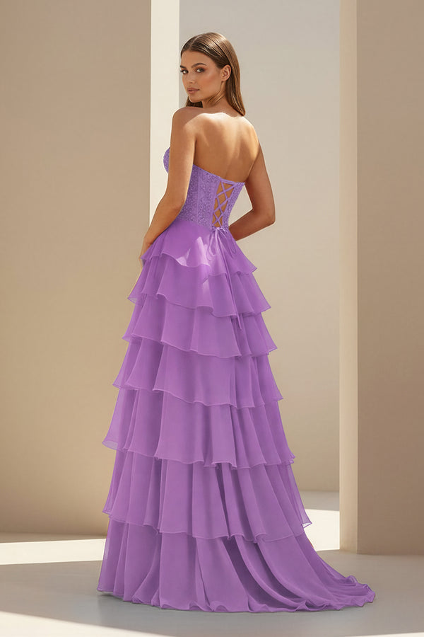 KissProm-Lilac  Strapless Chiffon Ruffled A Line Formal Prom Dresses With Lace Appliques