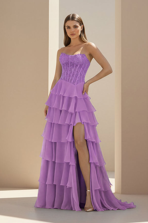 KissProm-Lilac  Strapless Chiffon Ruffled A Line Formal Prom Dresses With Lace Appliques