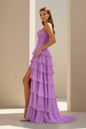 KissProm-Lilac  Strapless Chiffon Ruffled A Line Formal Prom Dresses With Lace Appliques