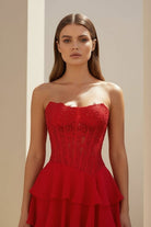 Luxie | Red - Strapless Chiffon Ruffled A Line Formal Prom Dresses With Lace Appliques - KissProm