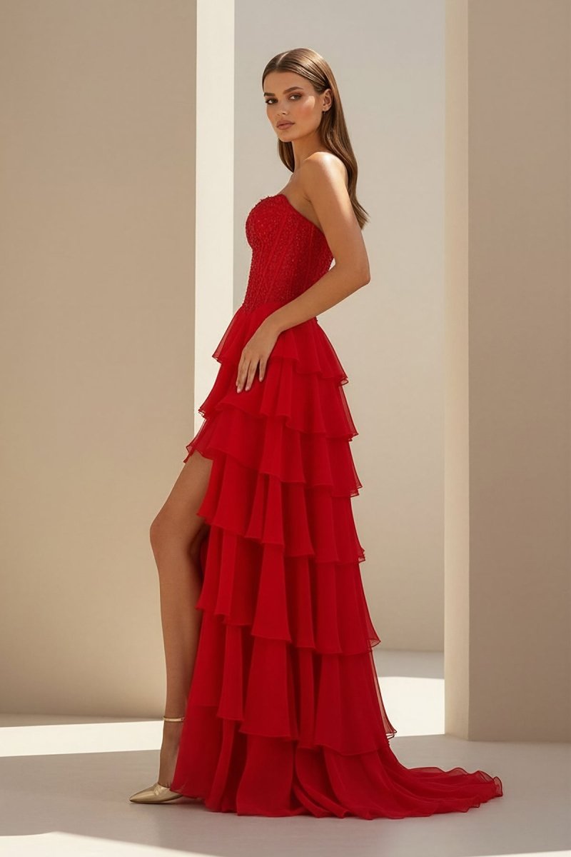 Luxie | Red - Strapless Chiffon Ruffled A Line Formal Prom Dresses With Lace Appliques - KissProm